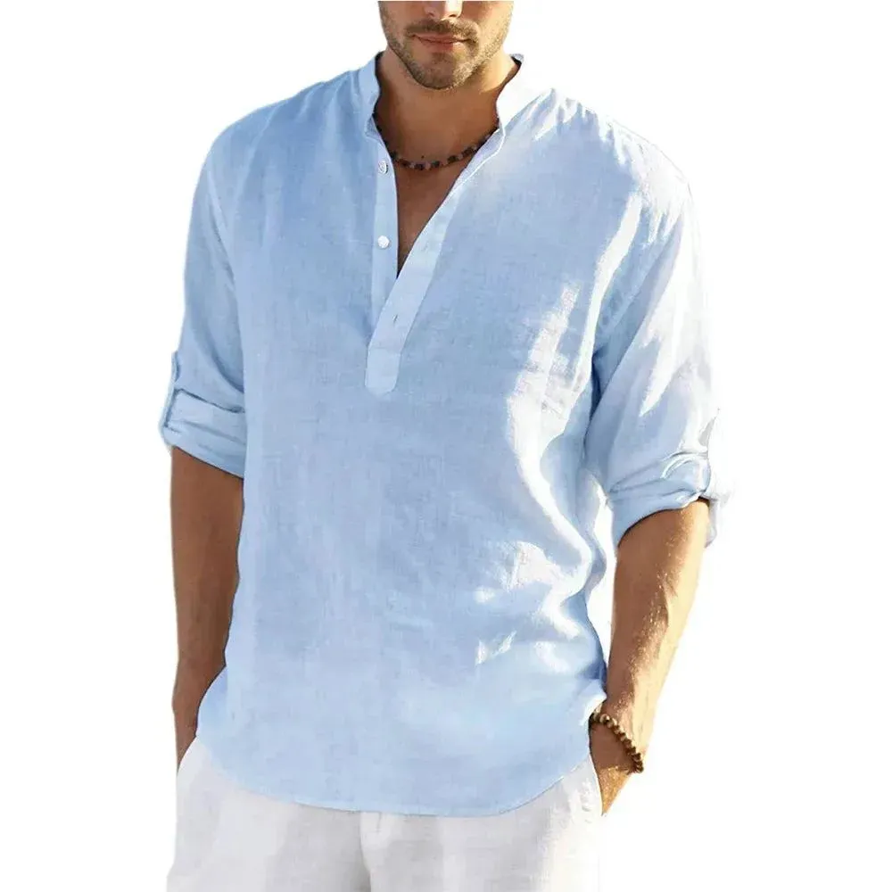 New Men's Linen Long Sleeve Breathable Shirt Solid Color Casual Basic Cotton Linen Shirt Tops Hemp Shirt for Men Tee