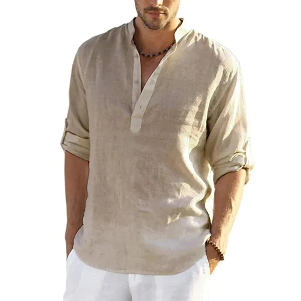 New Men's Linen Long Sleeve Breathable Shirt Solid Color Casual Basic Cotton Linen Shirt Tops Hemp Shirt for Men Tee