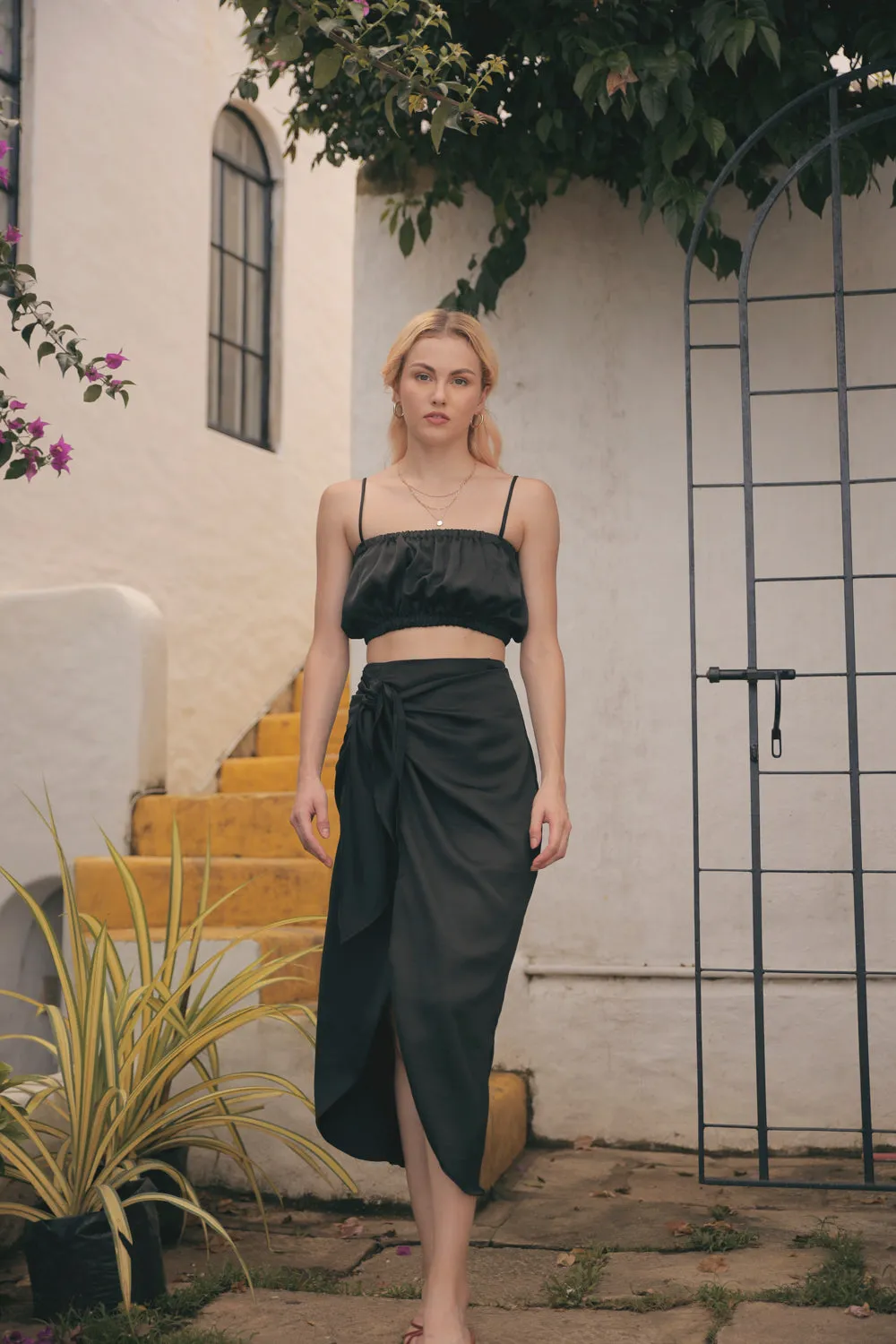 NICE Two Piece Gartered Crop Top and Wrap Around Skirt (Black Silk)