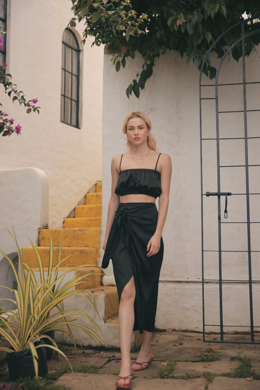 NICE Two Piece Gartered Crop Top and Wrap Around Skirt (Black Silk)