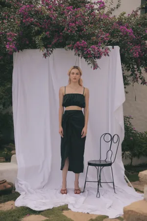 NICE Two Piece Gartered Crop Top and Wrap Around Skirt (Black Silk)