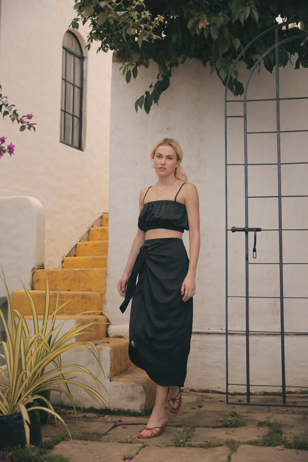 NICE Two Piece Gartered Crop Top and Wrap Around Skirt (Black Silk)
