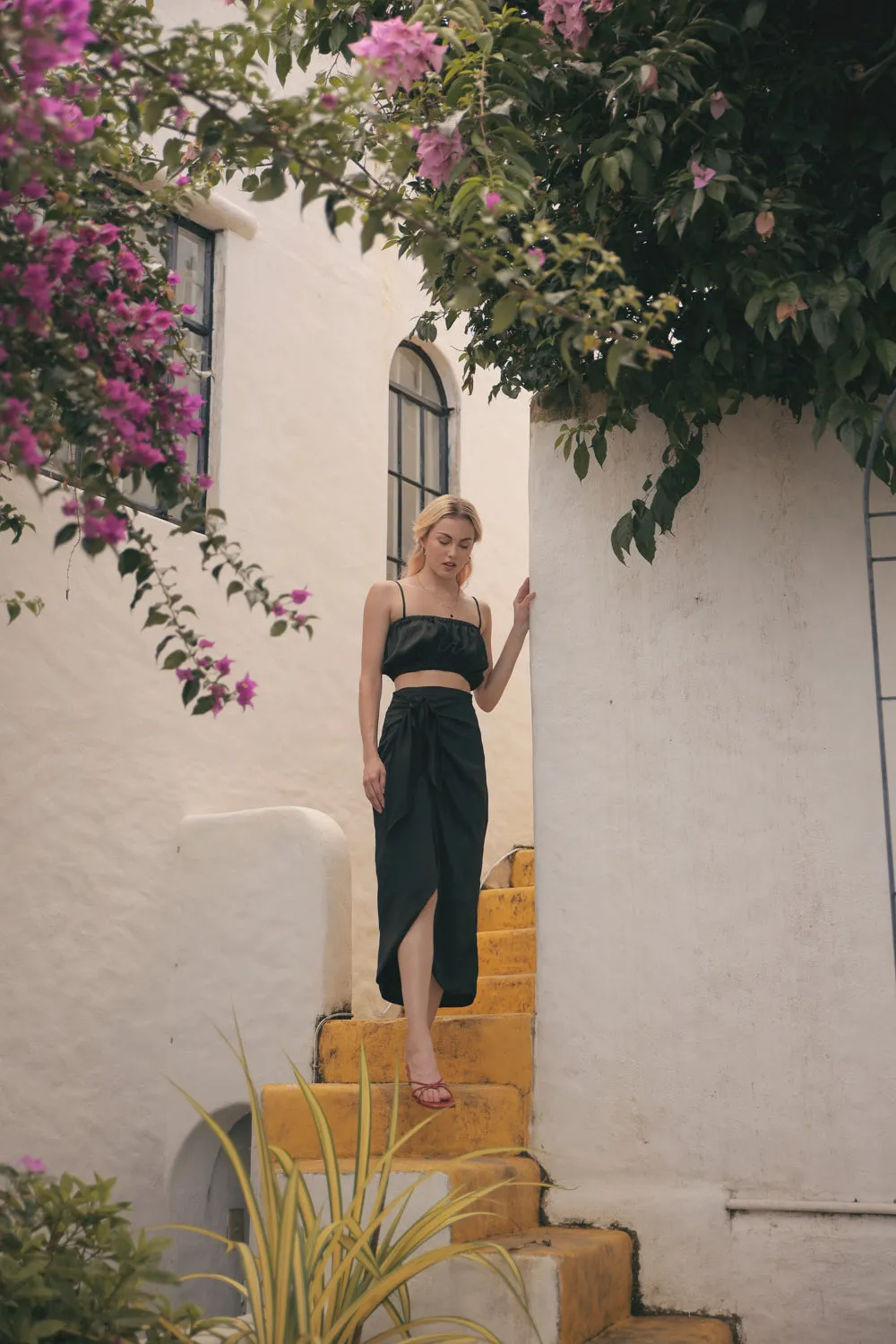 NICE Two Piece Gartered Crop Top and Wrap Around Skirt (Black Silk)