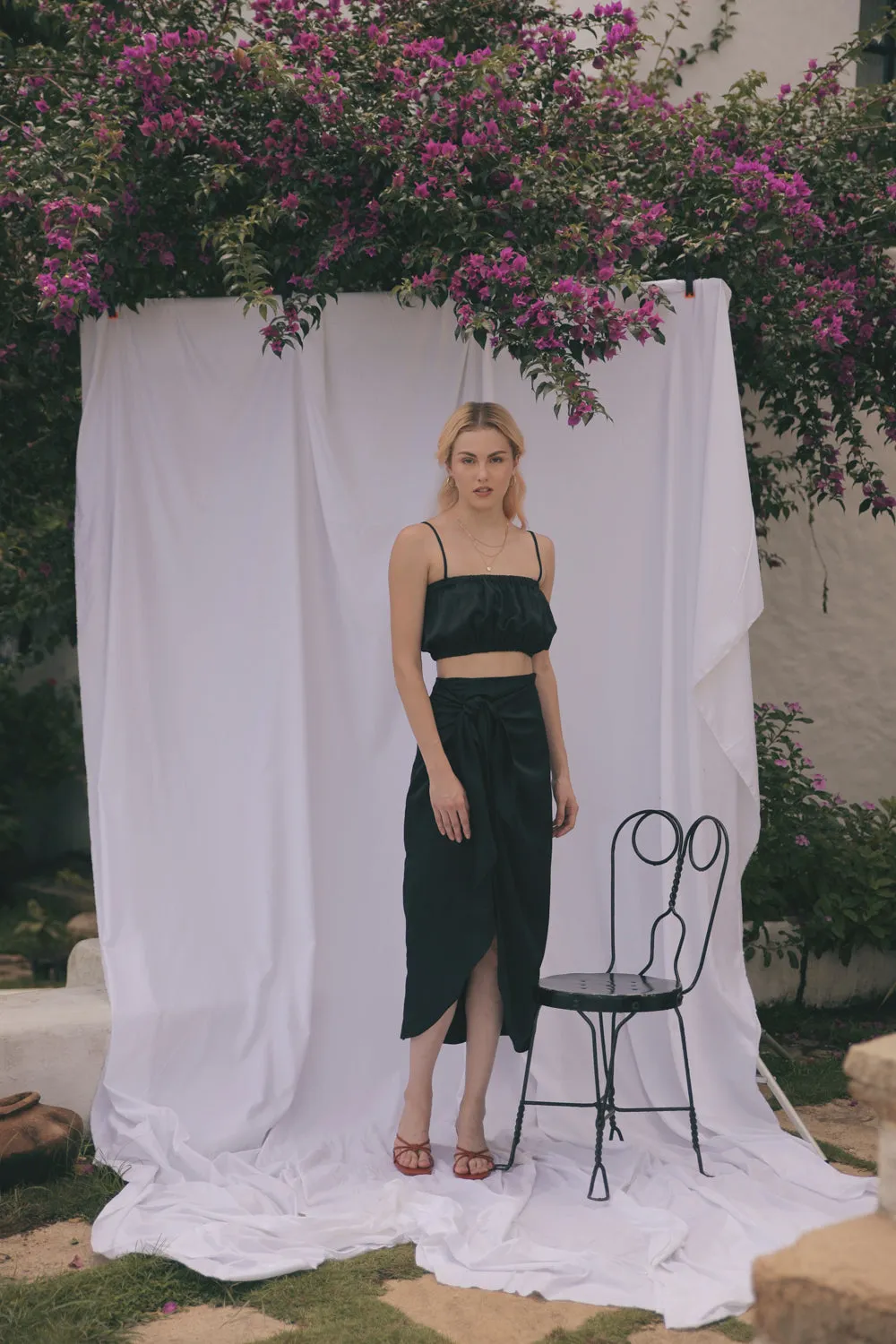 NICE Two Piece Gartered Crop Top and Wrap Around Skirt (Black Silk)