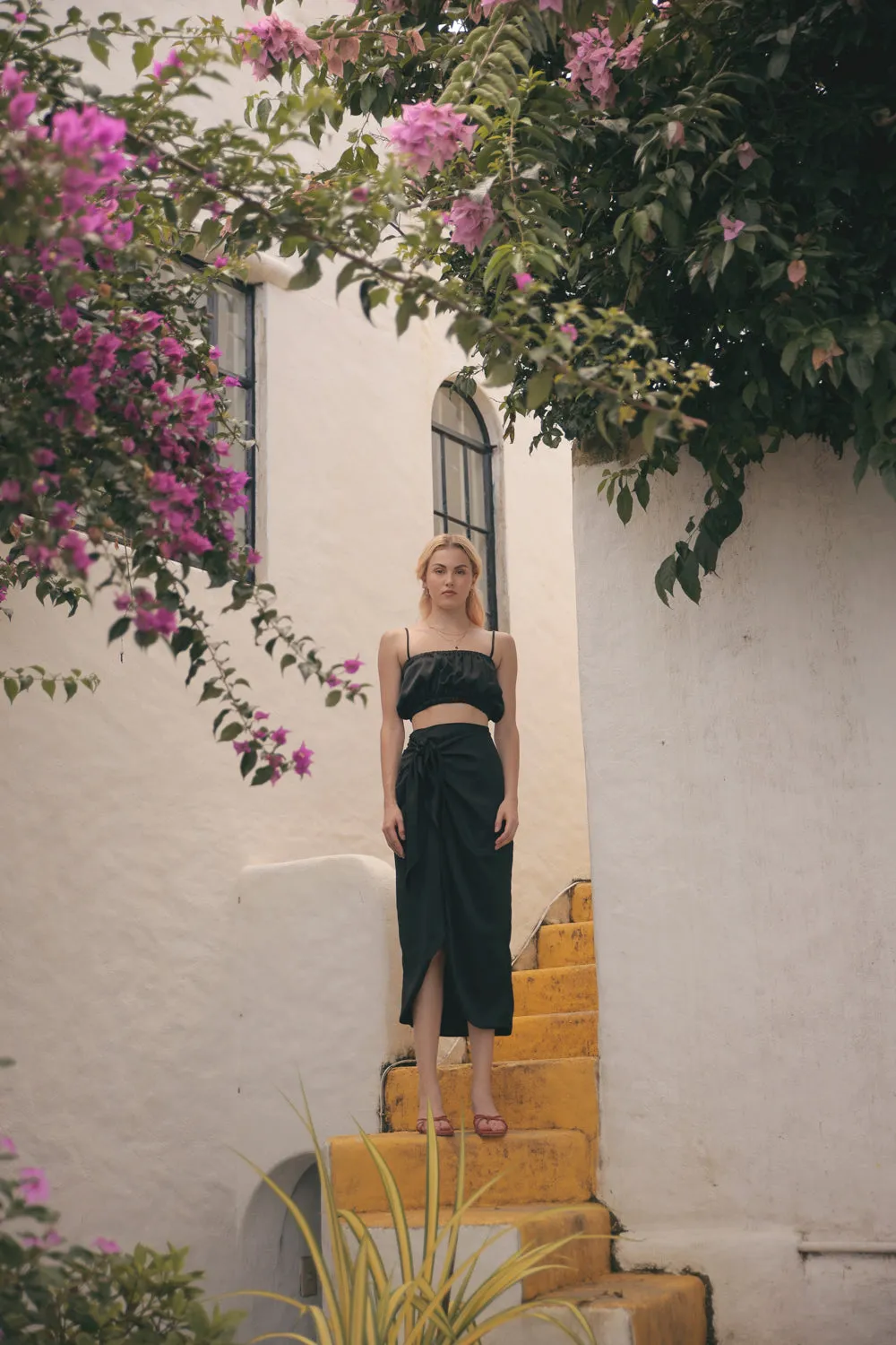 NICE Two Piece Gartered Crop Top and Wrap Around Skirt (Black Silk)