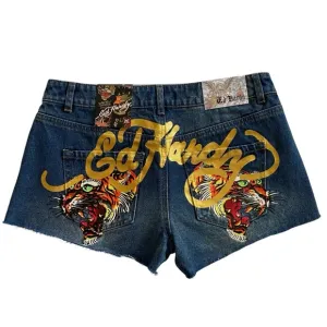 NWT Ed Hardy Screaming Tiger Print Denim Shorts Vintage Y2K Style Women’s Medium