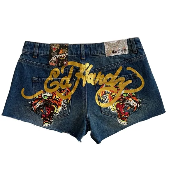 NWT Ed Hardy Screaming Tiger Print Denim Shorts Vintage Y2K Style Women’s Medium