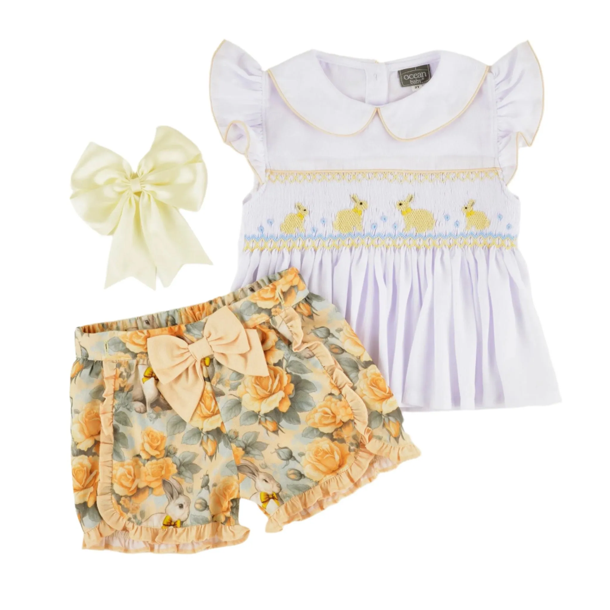 Ocean Baby Girls Vintage Bunny Lemon Rose Smocked Shorts Set (12M-10Y)