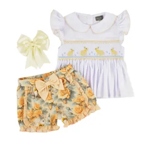Ocean Baby Girls Vintage Bunny Lemon Rose Smocked Shorts Set (12M-10Y)