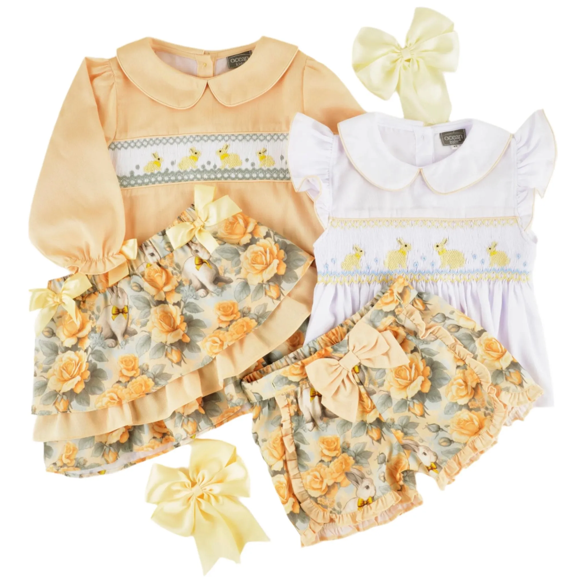 Ocean Baby Girls Vintage Bunny Lemon Rose Smocked Shorts Set (12M-10Y)