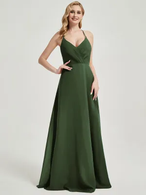 Olive Pleated Halter V-Neck Backless A-Line Chiffon Bridesmaid Dress