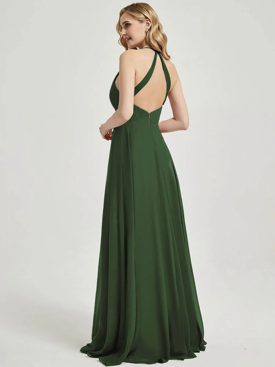 Olive Pleated Halter V-Neck Backless A-Line Chiffon Bridesmaid Dress