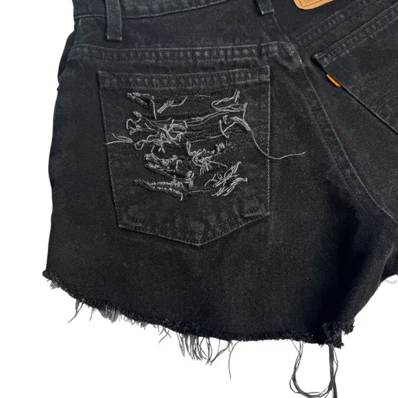 Orange Tab Levi’s 501 Hand Distressed Cutoff Denim Shorts Washed Black Denim 27