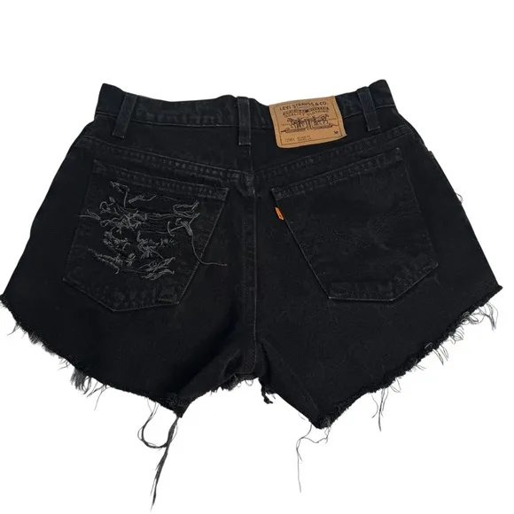 Orange Tab Levi’s 501 Hand Distressed Cutoff Denim Shorts Washed Black Denim 27