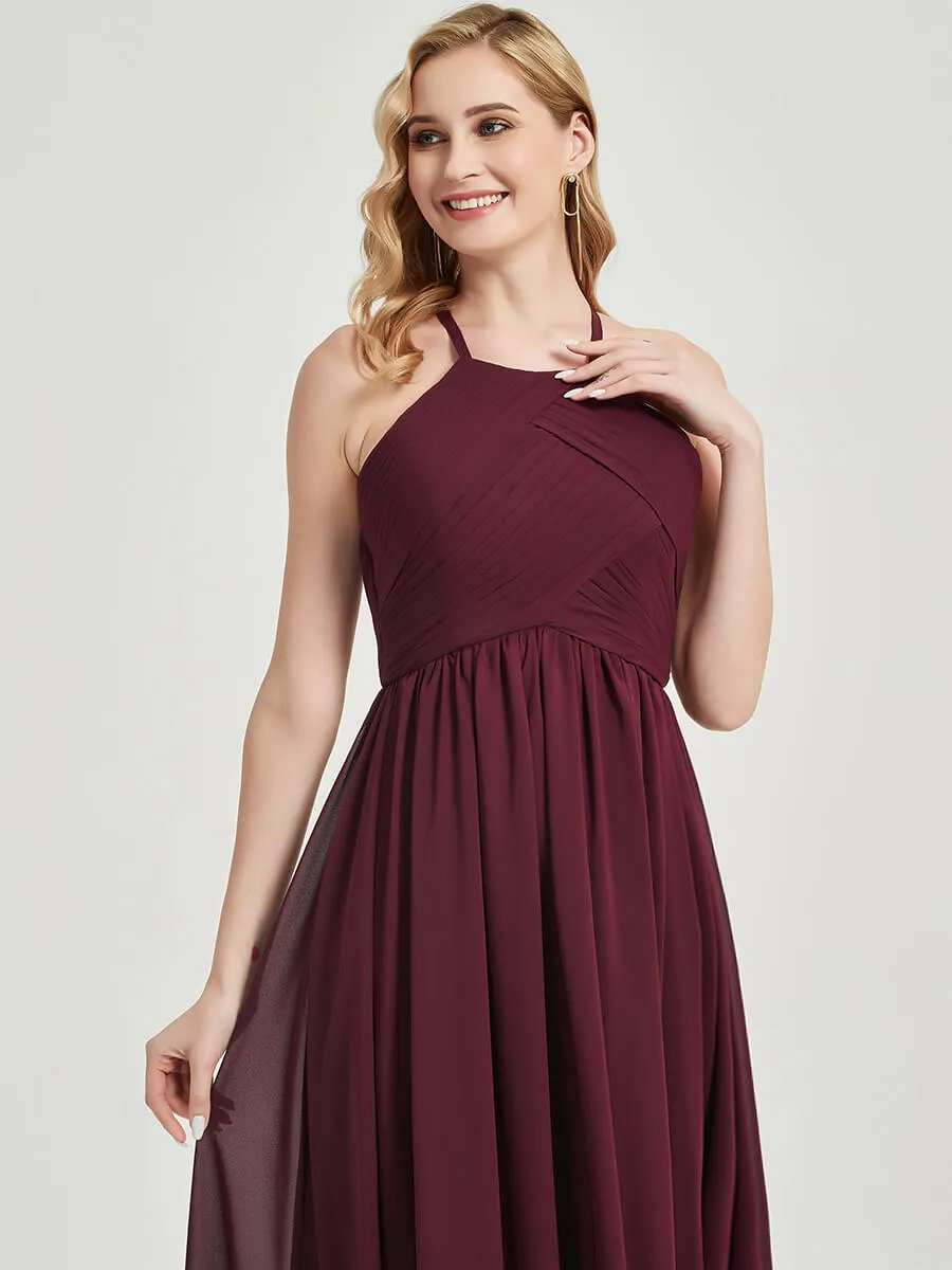 Pearl Pink Halter Pleated Keyhole Back Chiffon Maxi Bridesmaid Dress