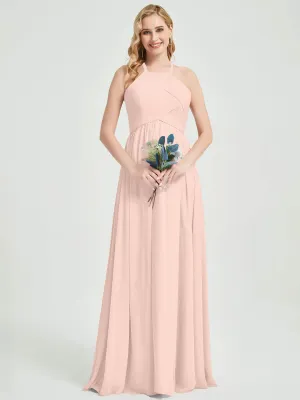 Pearl Pink Halter Pleated Keyhole Back Chiffon Maxi Bridesmaid Dress