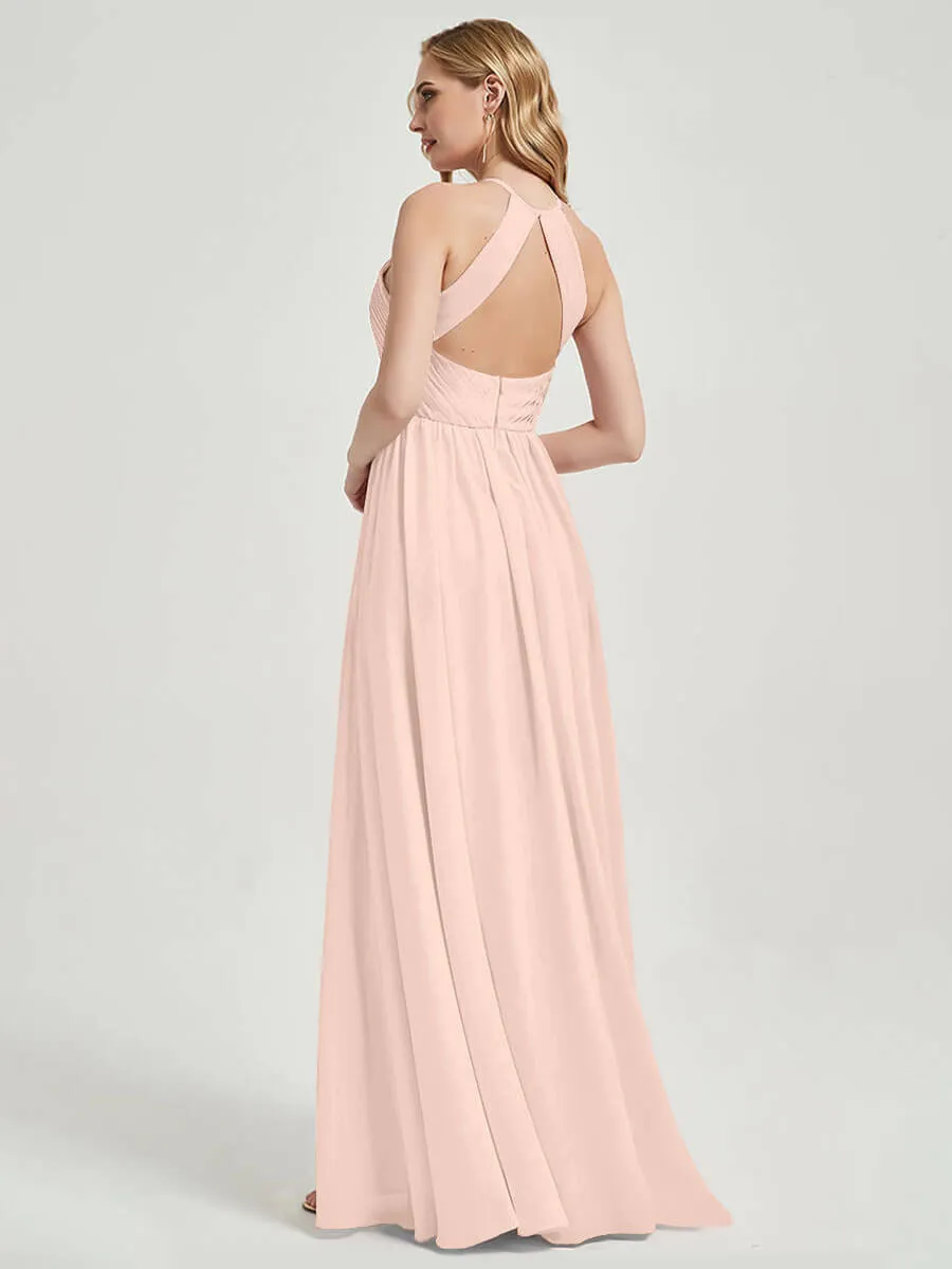 Pearl Pink Halter Pleated Keyhole Back Chiffon Maxi Bridesmaid Dress