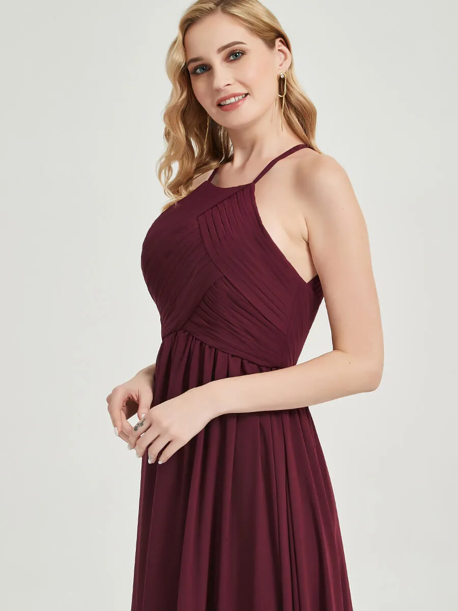 Pearl Pink Halter Pleated Keyhole Back Chiffon Maxi Bridesmaid Dress