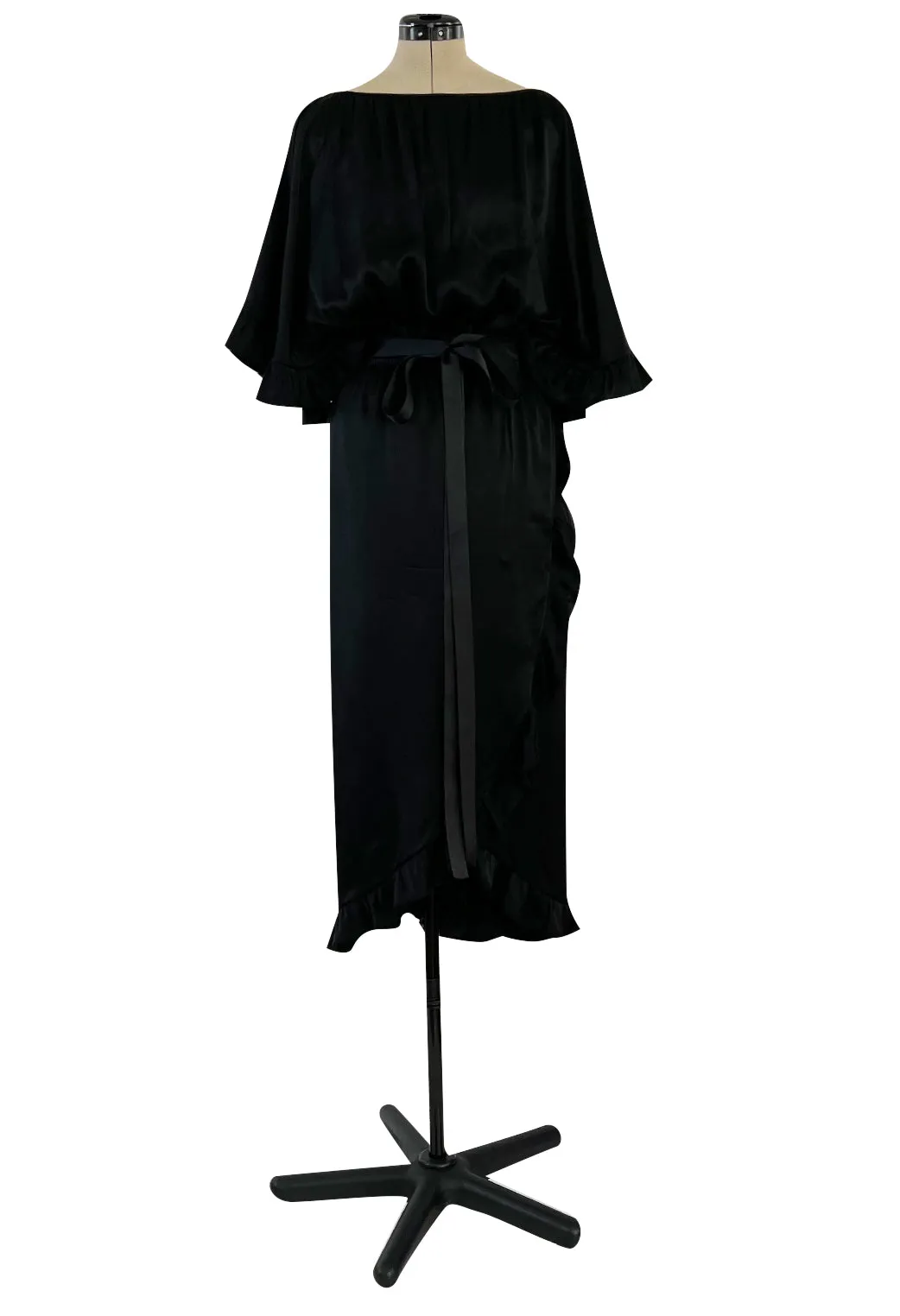 Perfect 1980s Galanos Easy to Wear Little Black Silk Dress w Cape Cut Sleeves