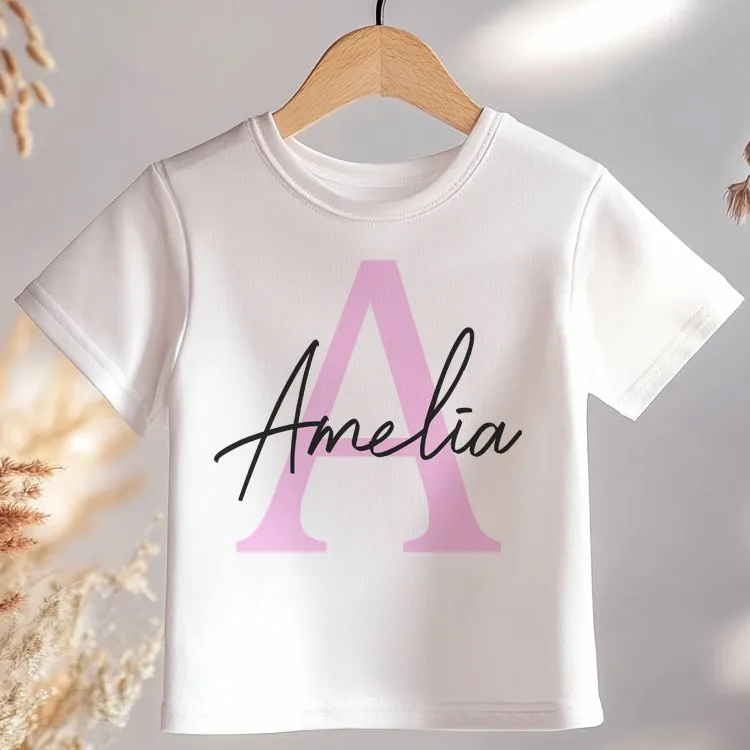 Pink Initial With Name Girl Personalised Toddler & Kids T Shirt