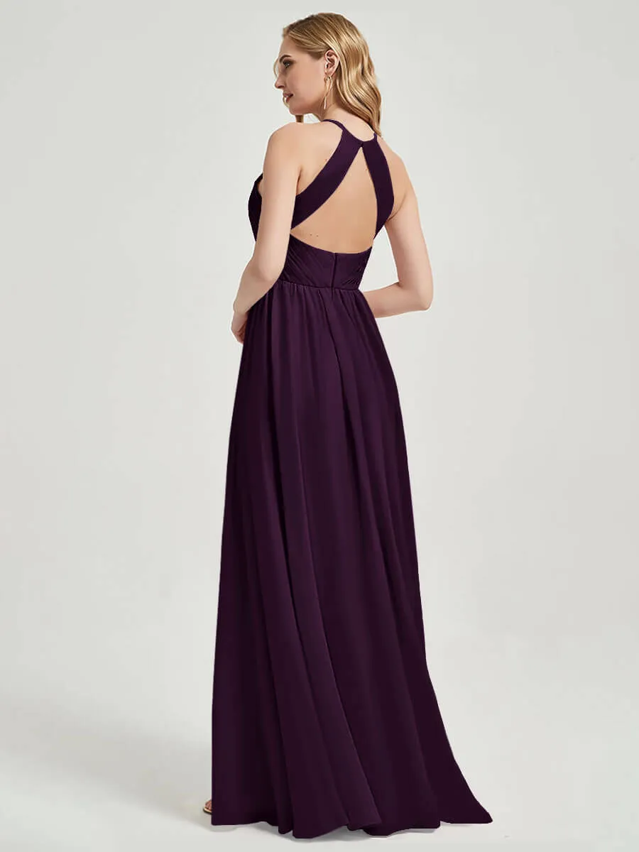 Plum Halter Pleated Keyhole Back Chiffon Floor Length Bridesmaid Dress