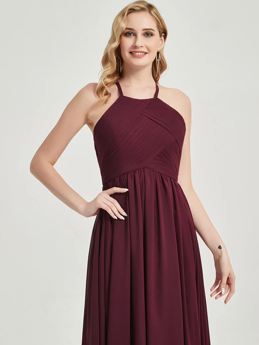 Plum Halter Pleated Keyhole Back Chiffon Floor Length Bridesmaid Dress