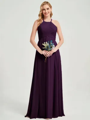 Plum Halter Pleated Keyhole Back Chiffon Floor Length Bridesmaid Dress