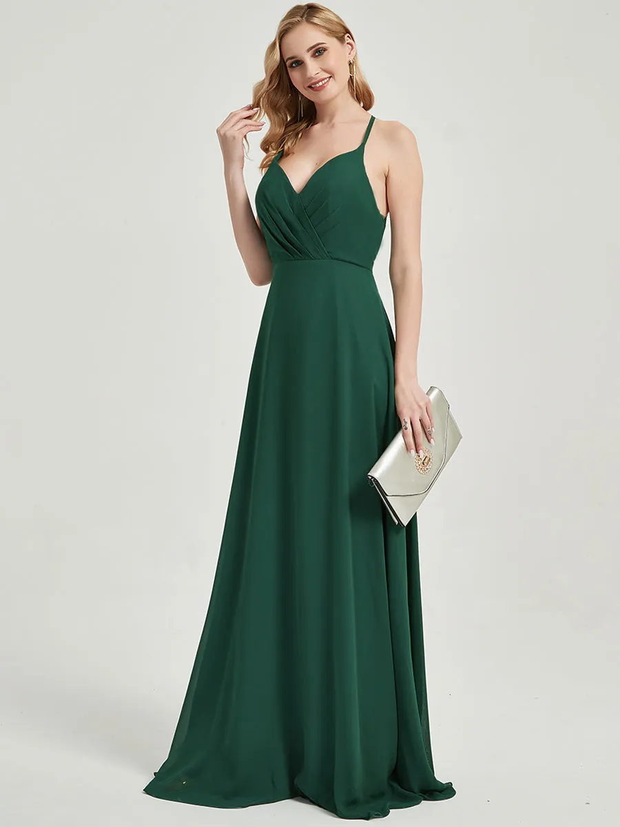 Plum Pleated Halter V-Neck Backless A-Line Chiffon Bridesmaid Dress