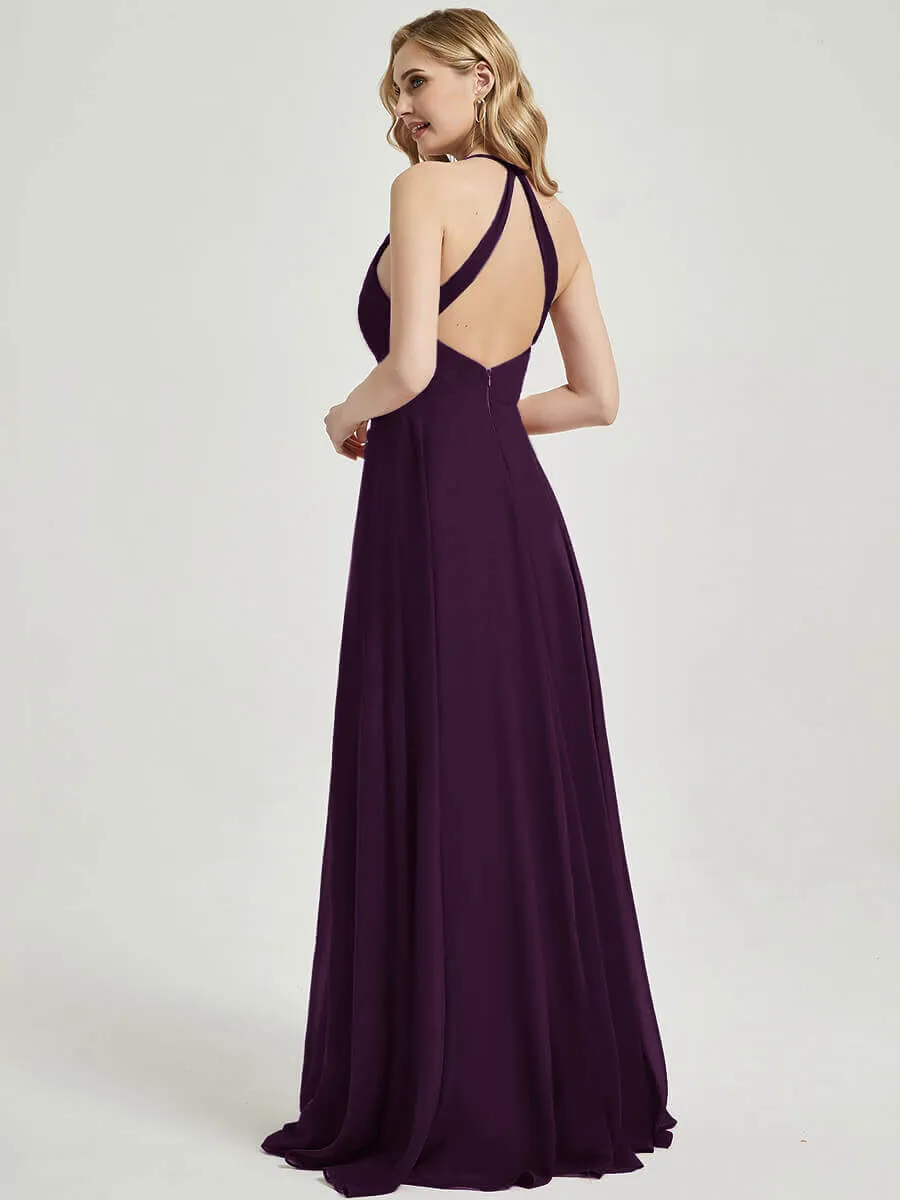Plum Pleated Halter V-Neck Backless A-Line Chiffon Bridesmaid Dress