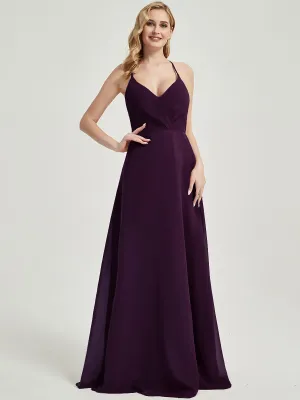 Plum Pleated Halter V-Neck Backless A-Line Chiffon Bridesmaid Dress
