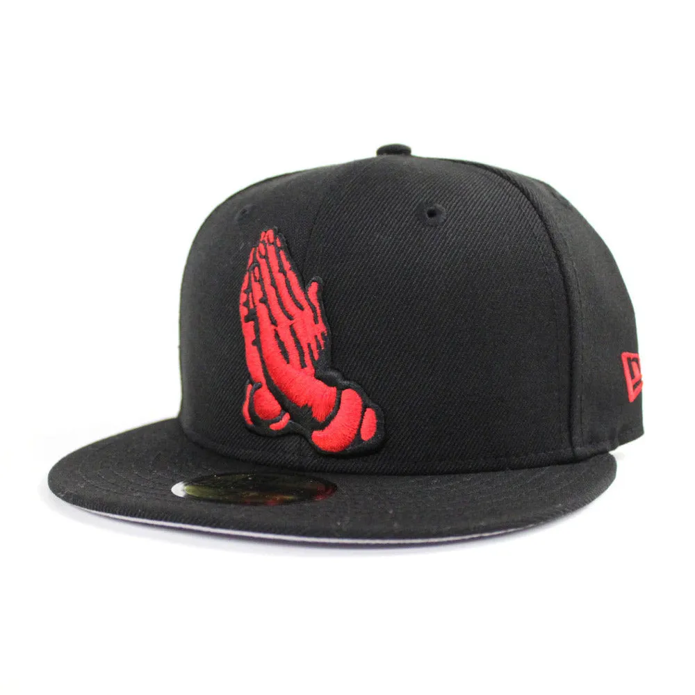 Praying Hands New Era 59Fifty Fitted Hat (Black Red Gray Under Brim)
