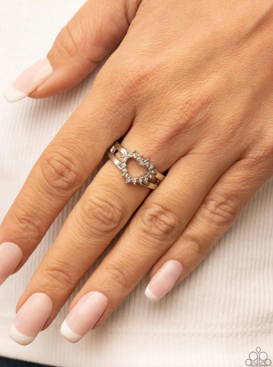 "First Kisses" Silver Metal & White Rhinestone Dainty Open Heart Elastic Ring
