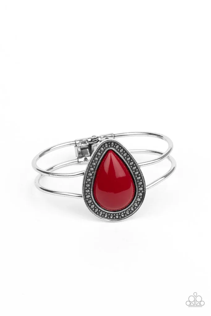 "Over the Top Pop" Silver Metal & Large Red Teardrop Stone Hinged Bracelet