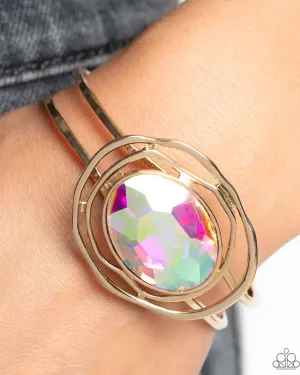 "Substantial Sorceress" Gold Metal, Multi Large Iridescent Rhinestone Hinged Bracelet