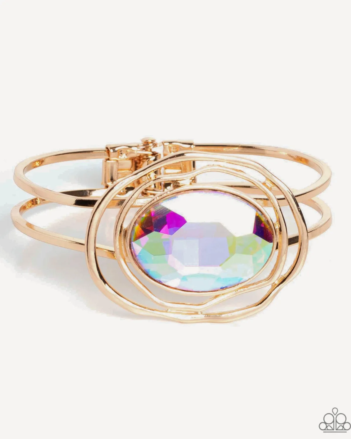 "Substantial Sorceress" Gold Metal, Multi Large Iridescent Rhinestone Hinged Bracelet