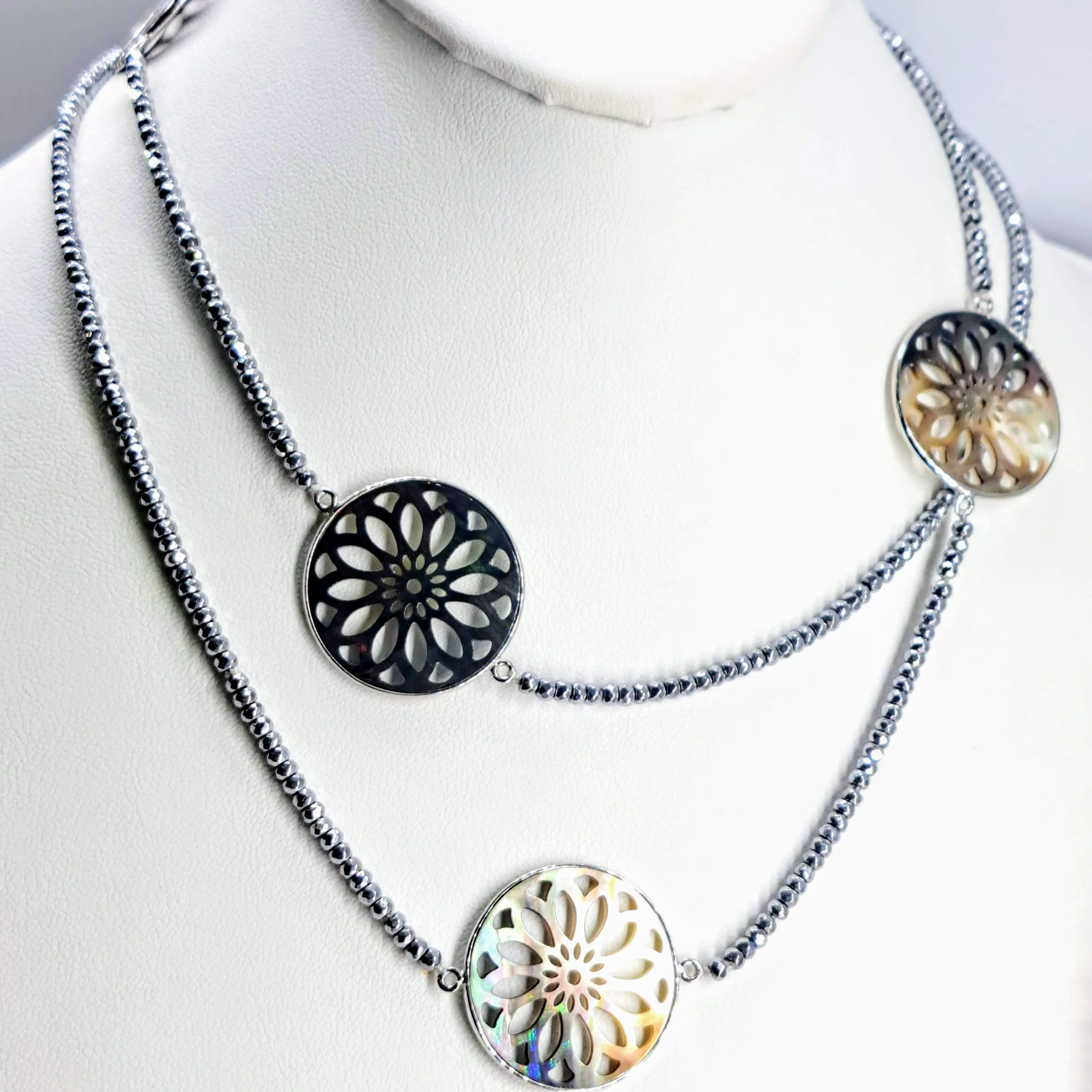 "Tahitian Sun" 36" Necklace - Tahitian Mother Of Pearl, Hematite, Anti-tarnish Sterling