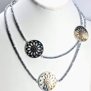 "Tahitian Sun" 36" Necklace - Tahitian Mother Of Pearl, Hematite, Anti-tarnish Sterling