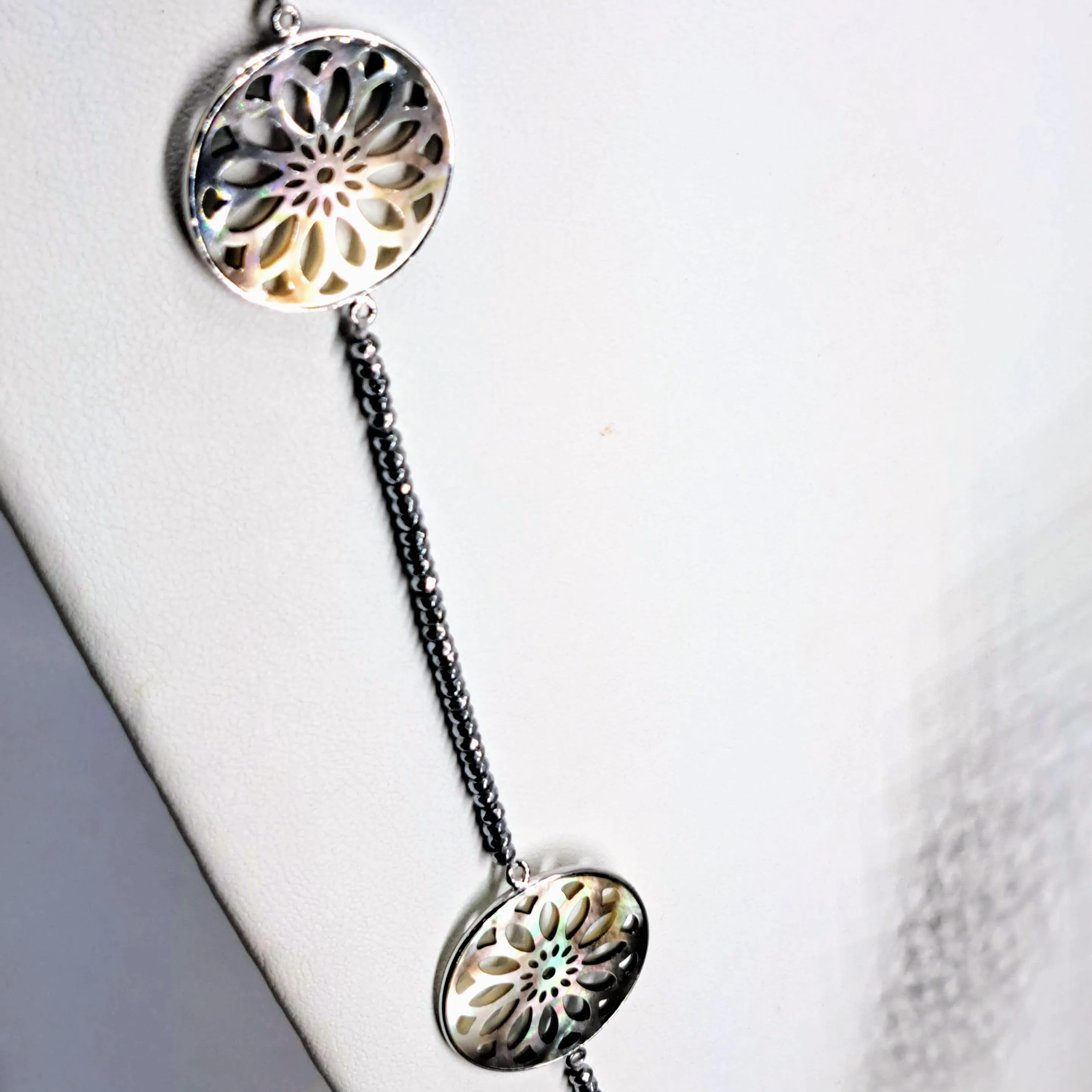 "Tahitian Sun" 36" Necklace - Tahitian Mother Of Pearl, Hematite, Anti-tarnish Sterling