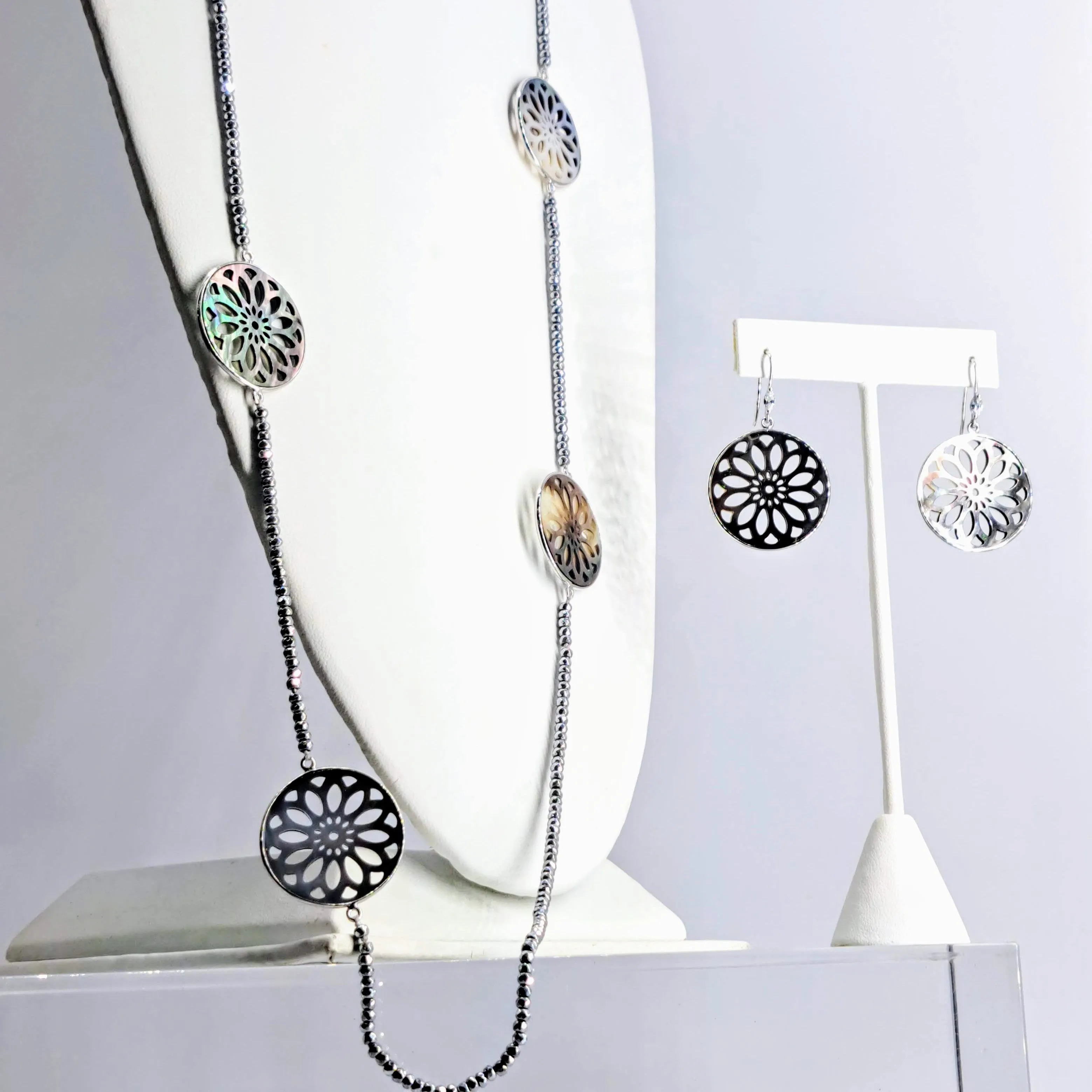 "Tahitian Sun" 36" Necklace - Tahitian Mother Of Pearl, Hematite, Anti-tarnish Sterling