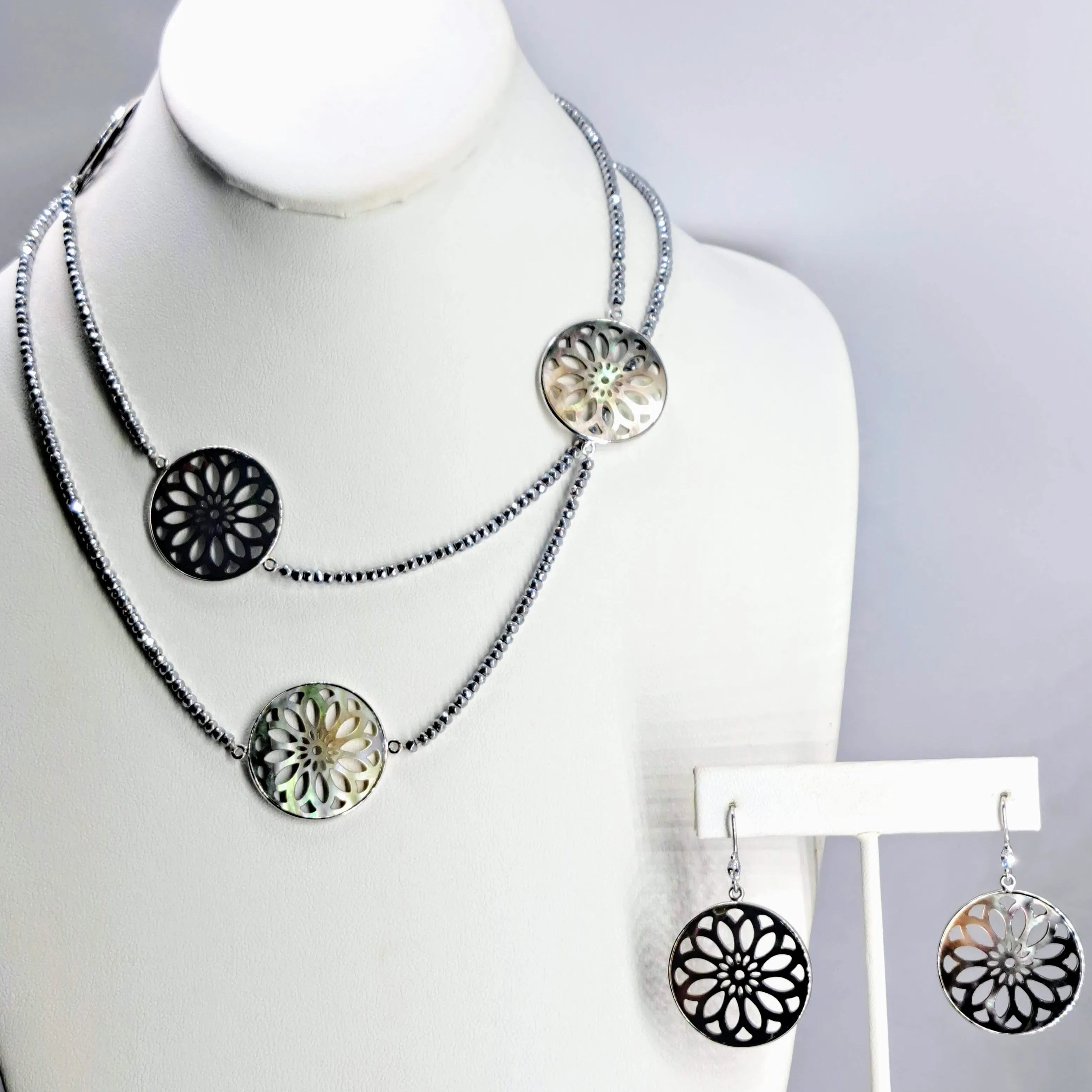 "Tahitian Sun" 36" Necklace - Tahitian Mother Of Pearl, Hematite, Anti-tarnish Sterling