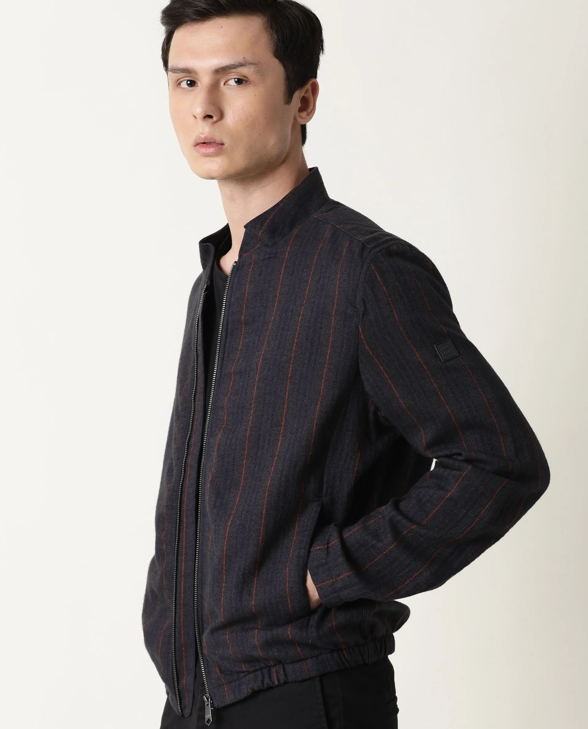 Rare Rabbit Men's Greg Primary Grey Yarn Dyed Striped Stand Collar Jacket