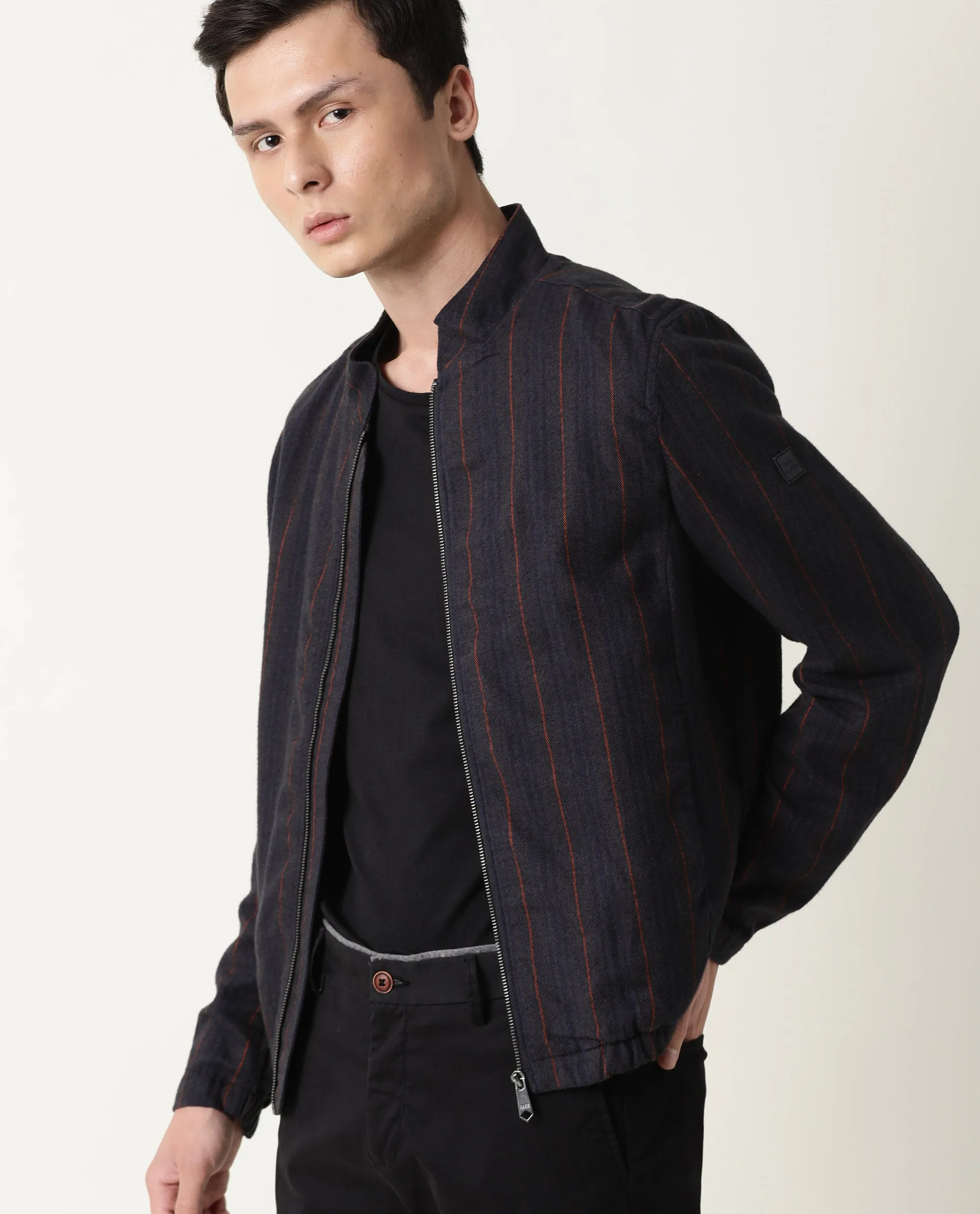 Rare Rabbit Men's Greg Primary Grey Yarn Dyed Striped Stand Collar Jacket