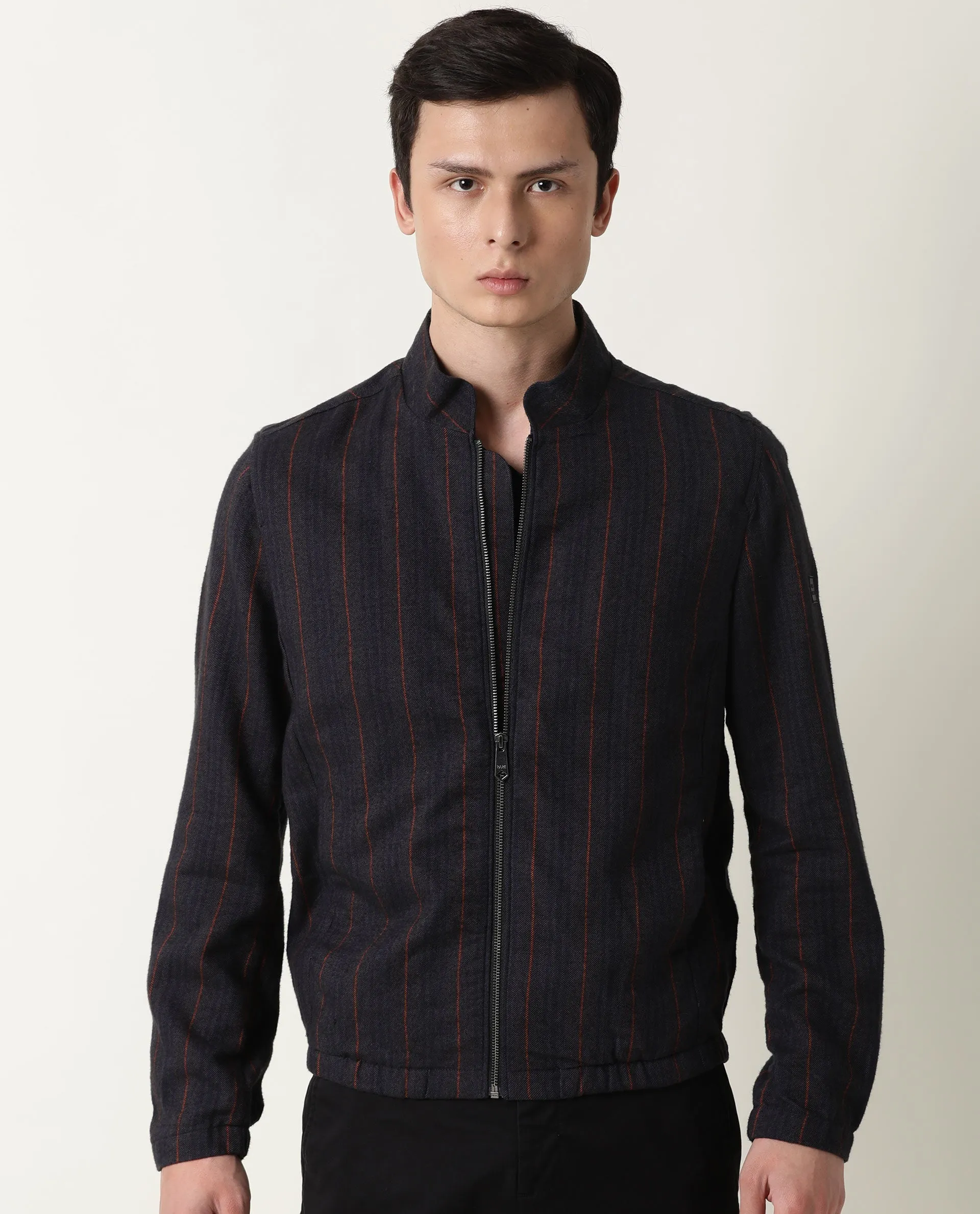 Rare Rabbit Men's Greg Primary Grey Yarn Dyed Striped Stand Collar Jacket