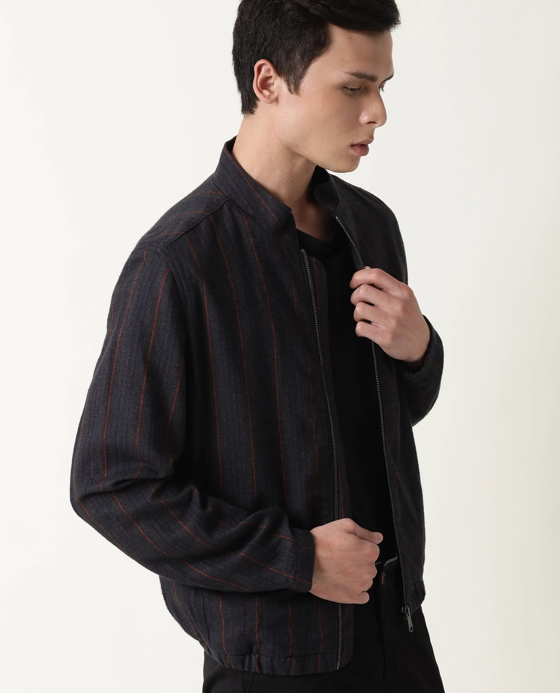Rare Rabbit Men's Greg Primary Grey Yarn Dyed Striped Stand Collar Jacket