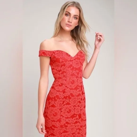 Red Lace Off the Shoulder Mermaid fit and flare long floor length maxi Dress