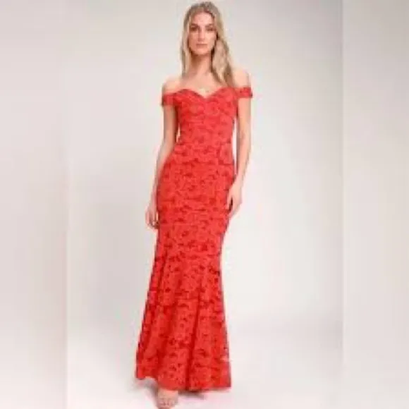 Red Lace Off the Shoulder Mermaid fit and flare long floor length maxi Dress