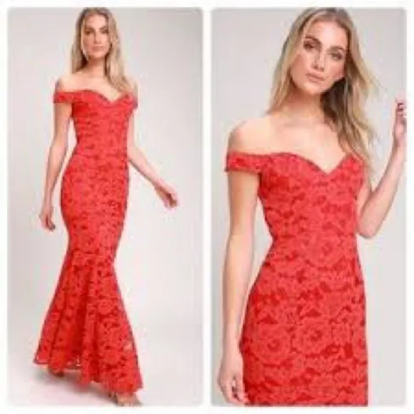 Red Lace Off the Shoulder Mermaid fit and flare long floor length maxi Dress
