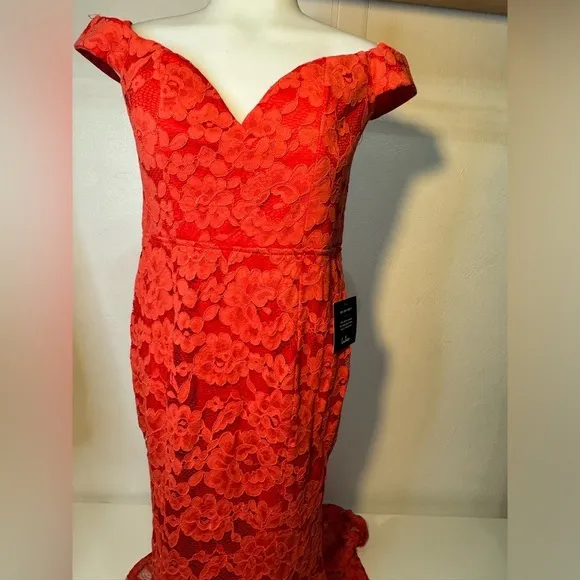 Red Lace Off the Shoulder Mermaid fit and flare long floor length maxi Dress