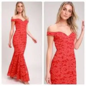 Red Lace Off the Shoulder Mermaid fit and flare long floor length maxi Dress