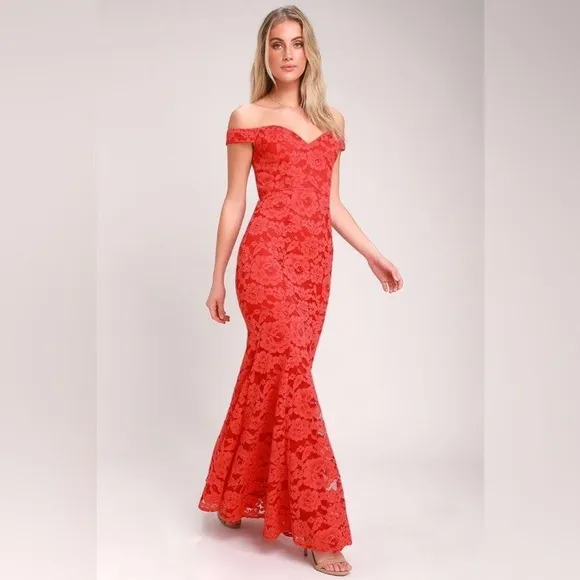 Red Lace Off the Shoulder Mermaid fit and flare long floor length maxi Dress